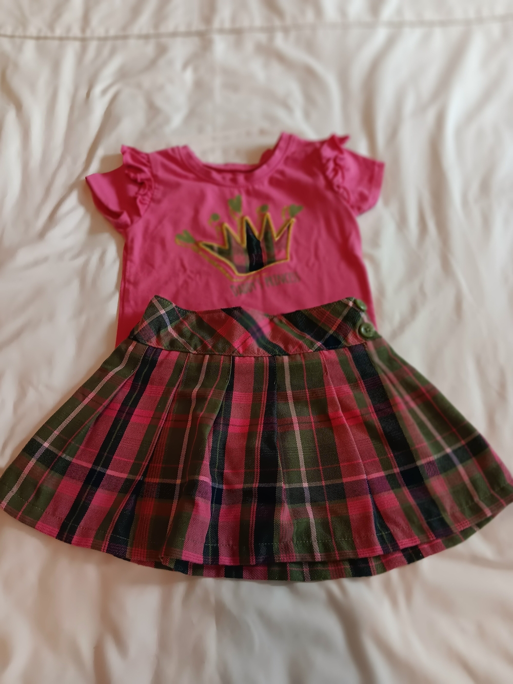 Pink Crown Graphic Tee and Pink-Green Plaid Skirt Set
